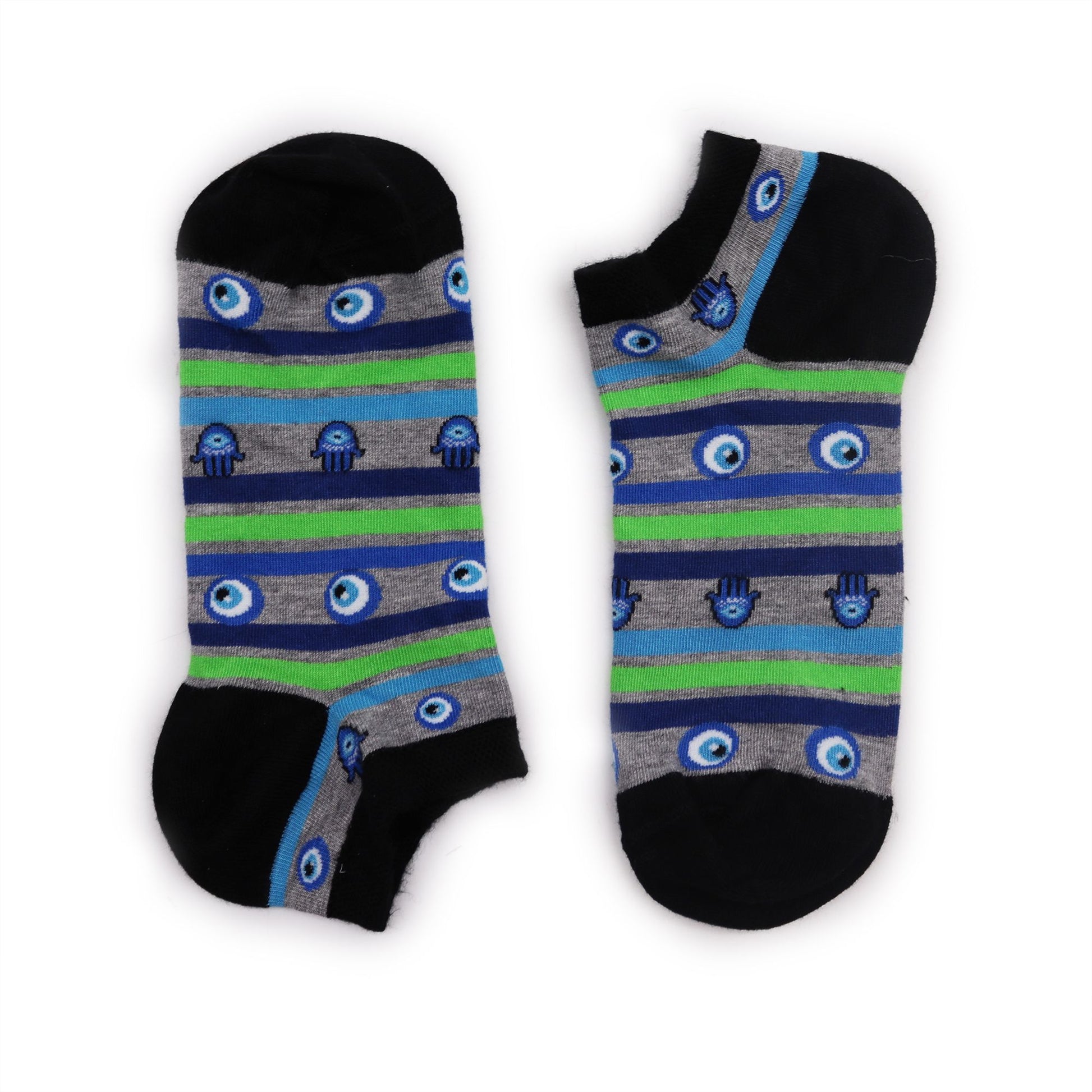 Low-cut bamboo socks featuring mystical Evil Eye and Hamsa hand symbols in a colourful spiritual design.