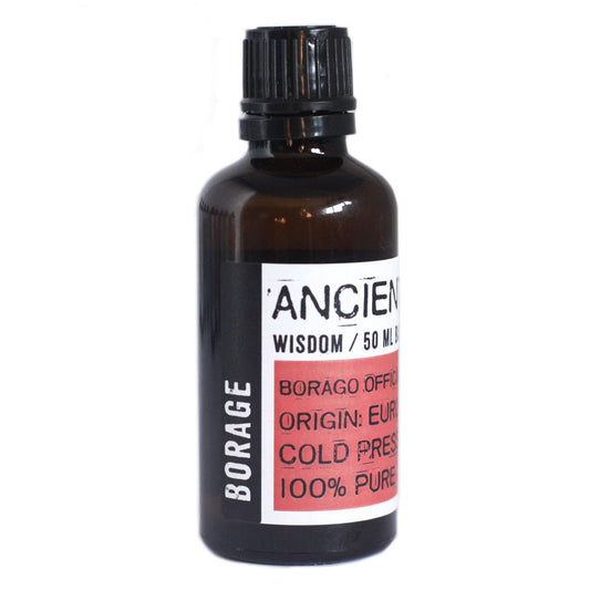 A 50ml amber glass bottle of light yellow borage oil with a black dropper cap, displayed against a neutral background.