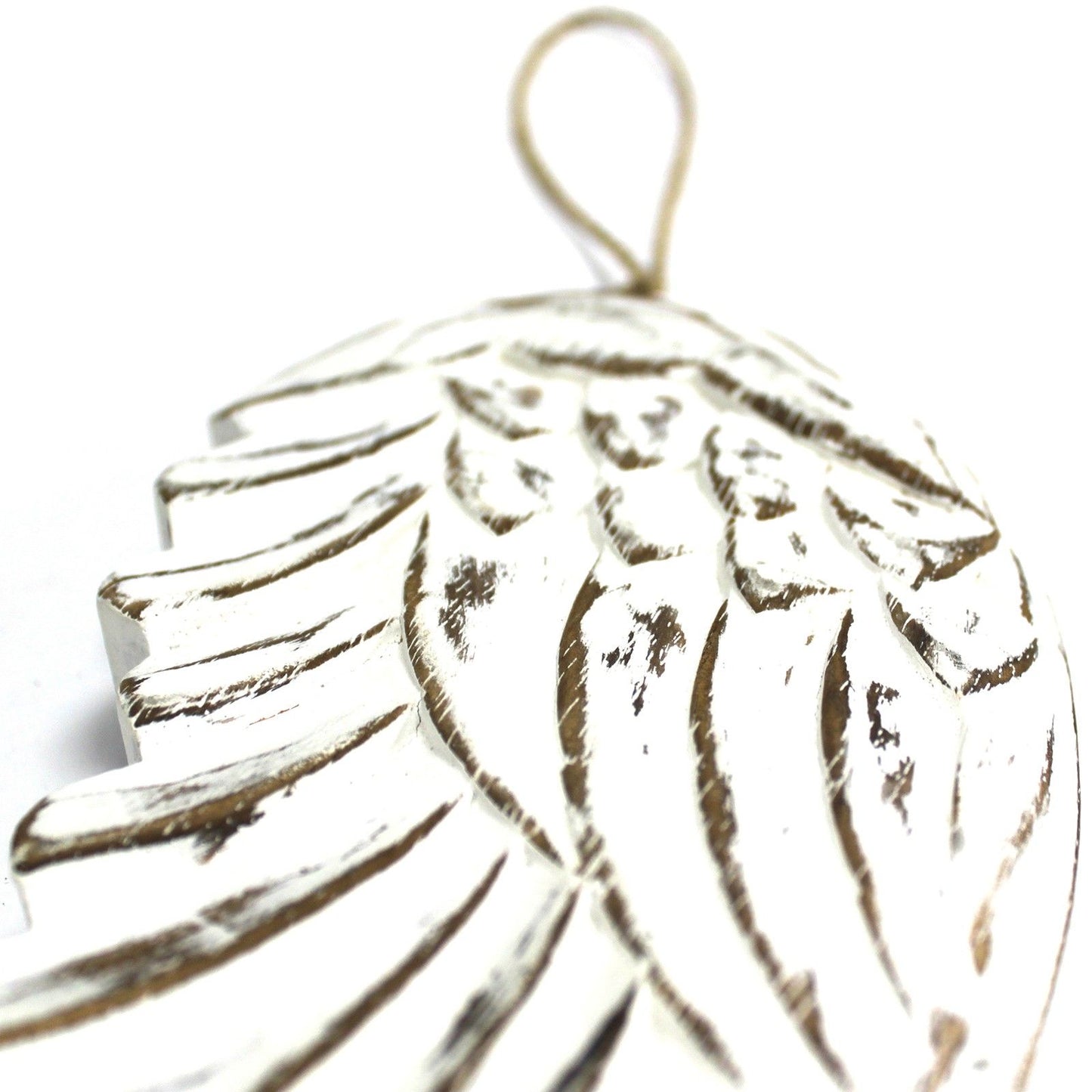 Pair of hand-carved white washed wooden angel wings with a distressed vintage style finish.