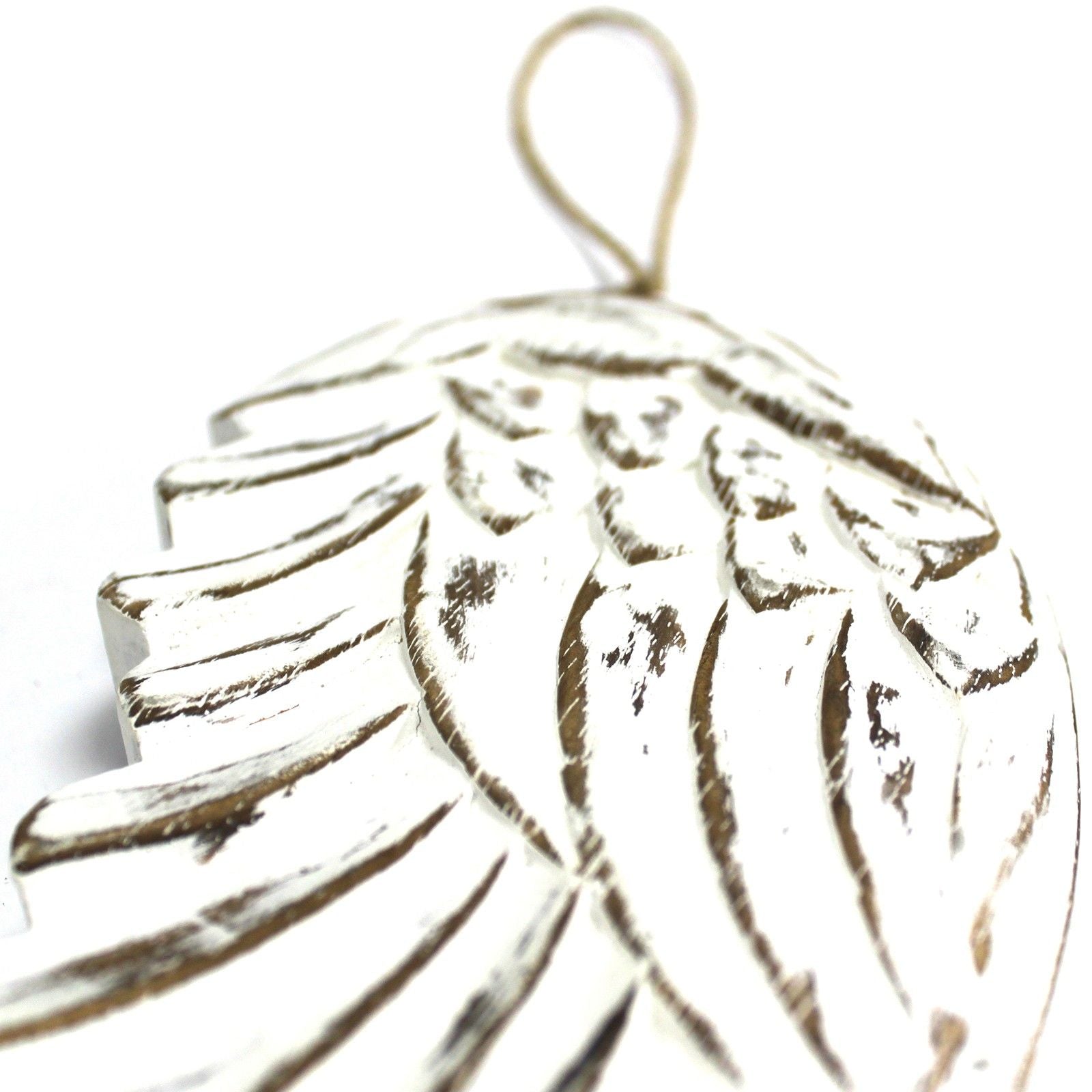 Pair of hand-carved white washed wooden angel wings with a distressed vintage style finish.
