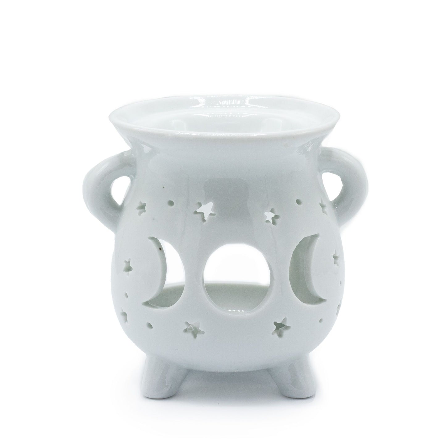 White ceramic cauldron-shaped oil burner featuring cut-out moon phase details on a smooth finish.