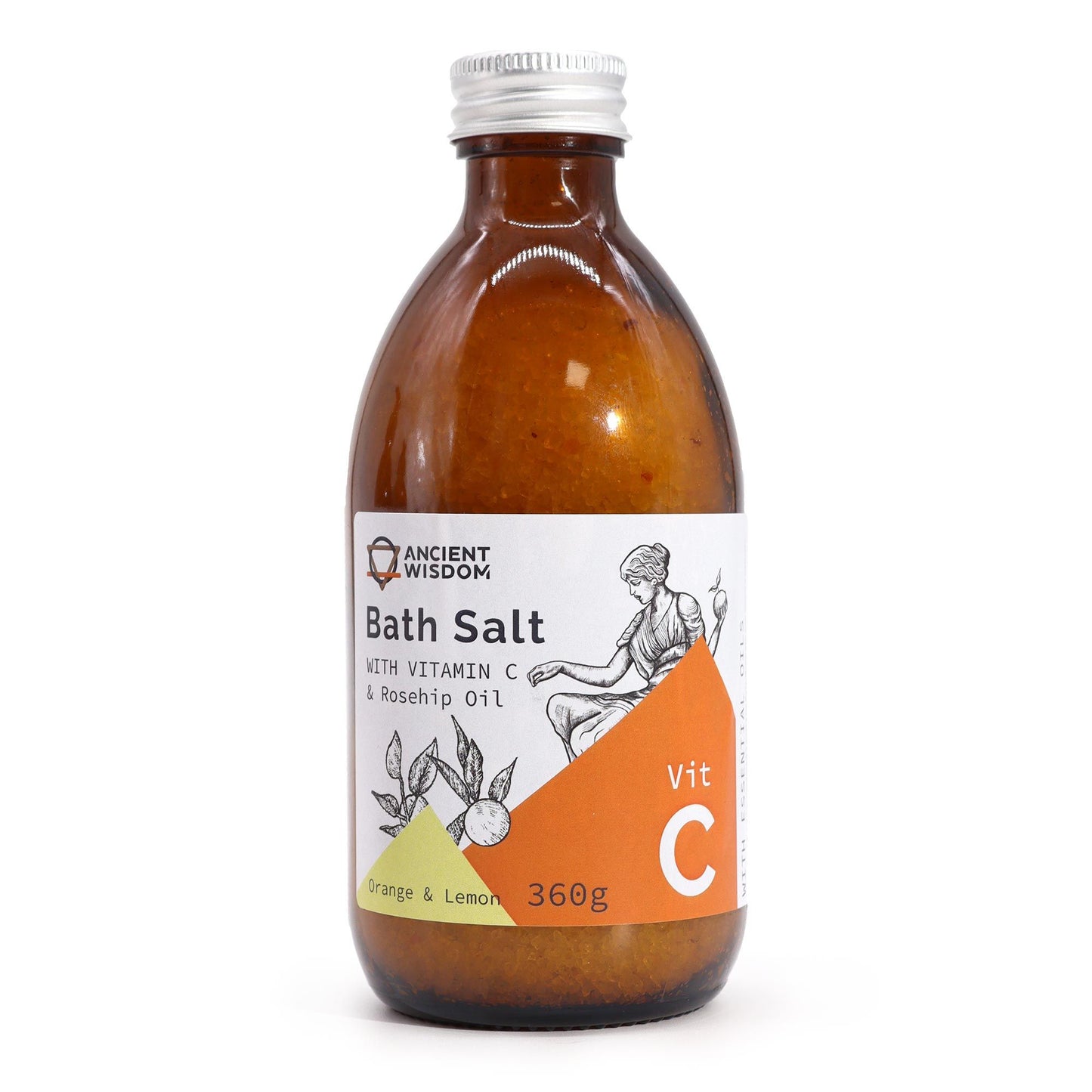 Clear bottle filled with pink Himalayan bath salts infused with Vitamin C and essential oils.
