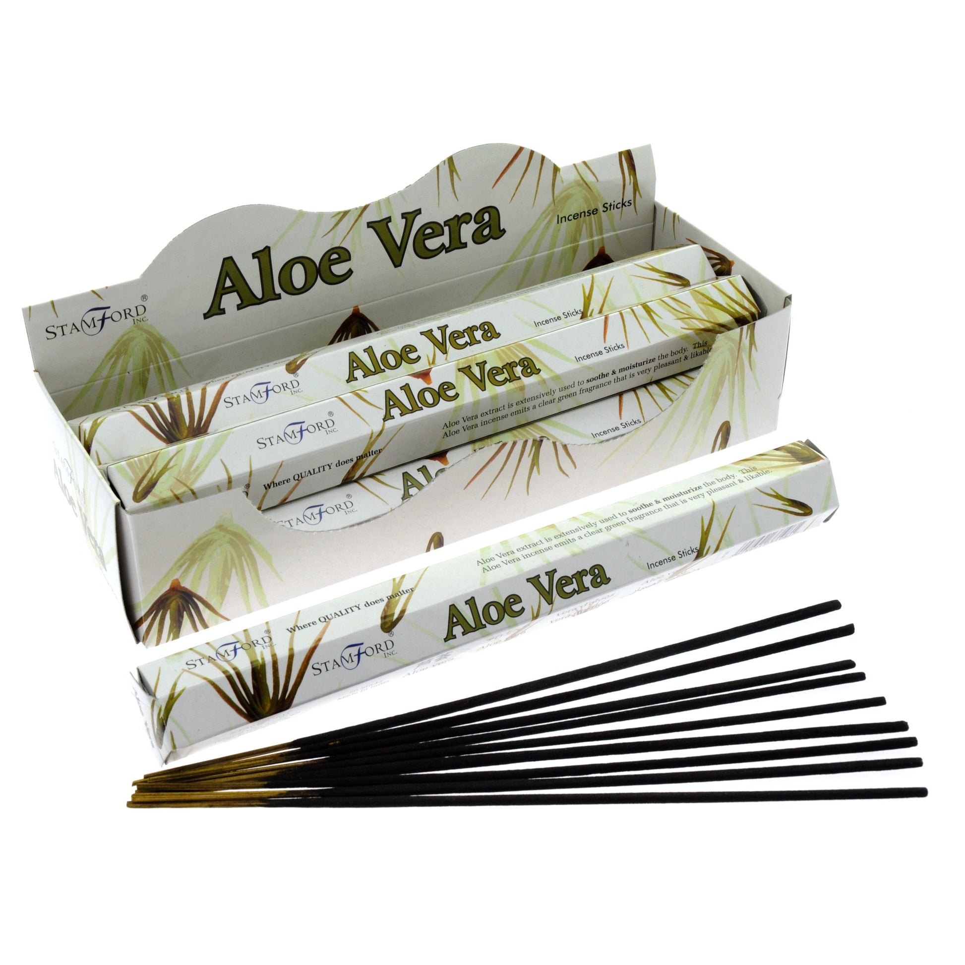 Hexagonal pack of premium aloe vera incense sticks featuring green botanical illustrations on a white background.