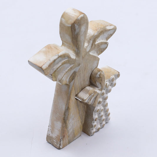 Hand-carved mango wood angel figurine with a whitewash finish, featuring a large angel sheltering a smaller one.