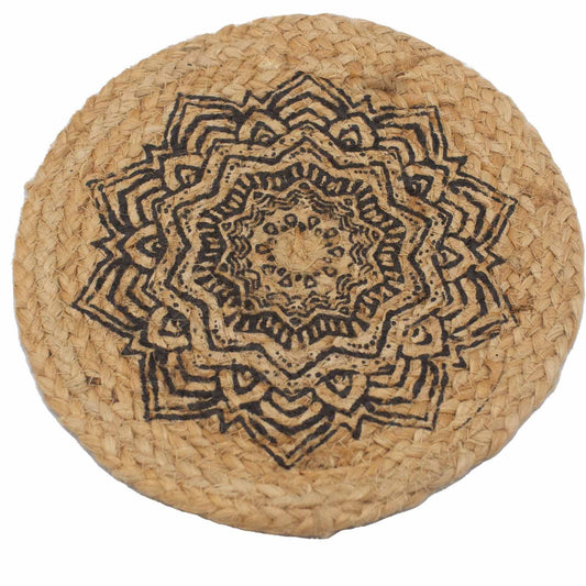 Round natural jute placemat featuring an intricate black mandala print on a rustic textured surface.