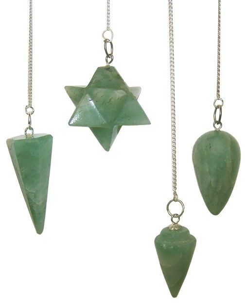 Pointed green aventurine gemstone pendulum suspended from a silver-tone chain with a decorative bead.