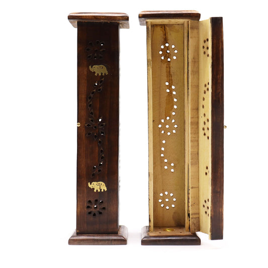Square mango wood incense burner tower with decorative brass floral inlays and carved smoke vents.