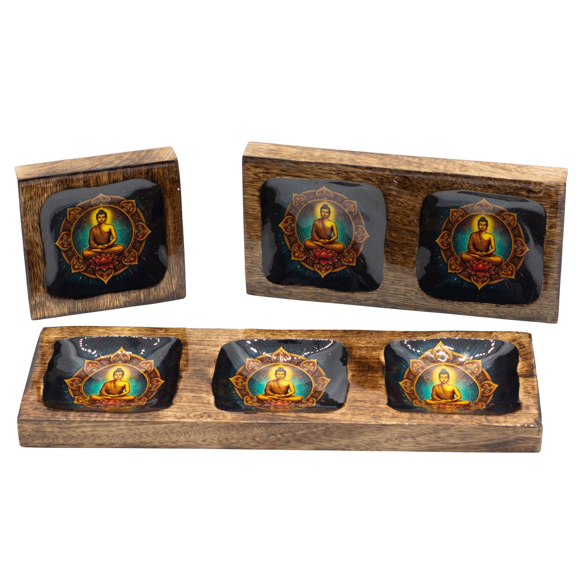Three nested wooden trays made of mango wood, each featuring a polished enamel surface with a peaceful Buddha illustration.