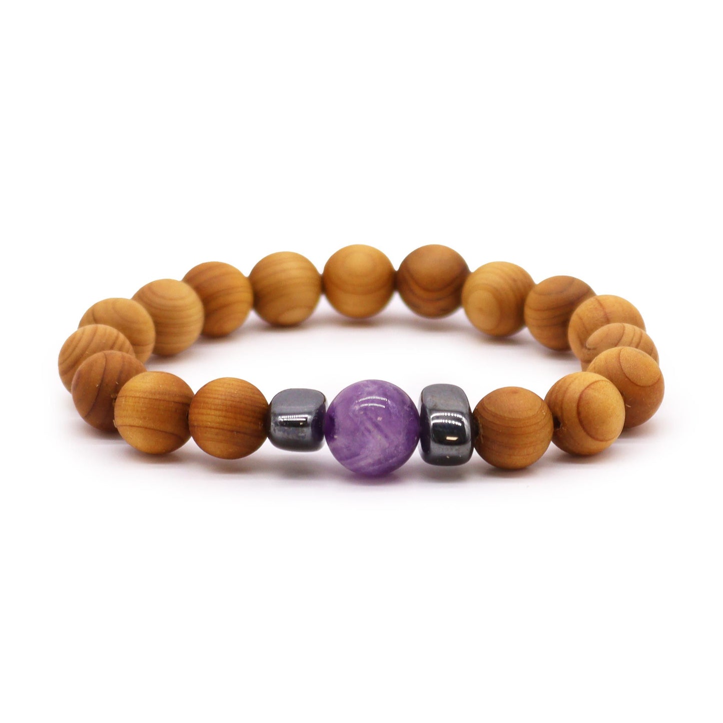 Handcrafted cedarwood bangle featuring purple amethyst beads, designed for third eye chakra spiritual alignment.