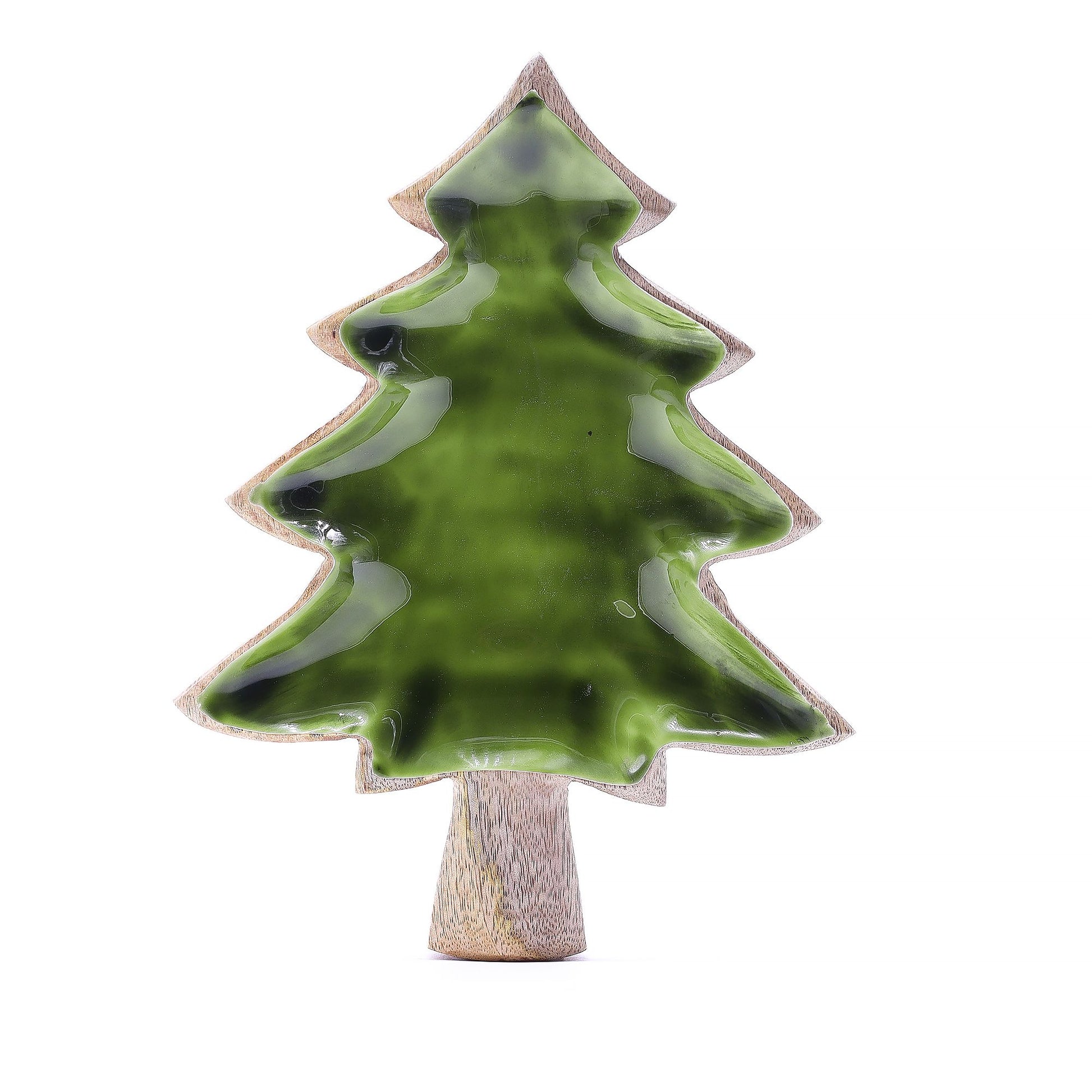 Handcrafted tree-shaped mango wood bowl with a vibrant glossy green enamel interior on a neutral background.