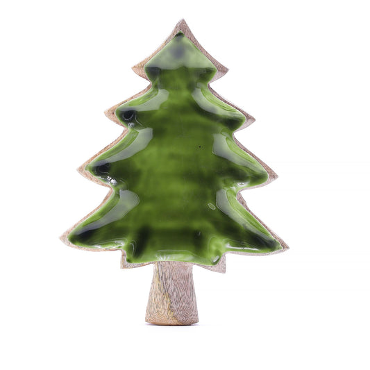 Handcrafted tree-shaped mango wood bowl with a vibrant glossy green enamel interior on a neutral background.