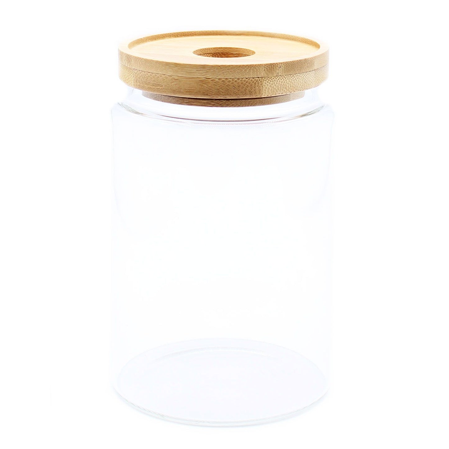 Clear glass storage jar with a sustainable bamboo lid and a 15cm tall cylindrical design.