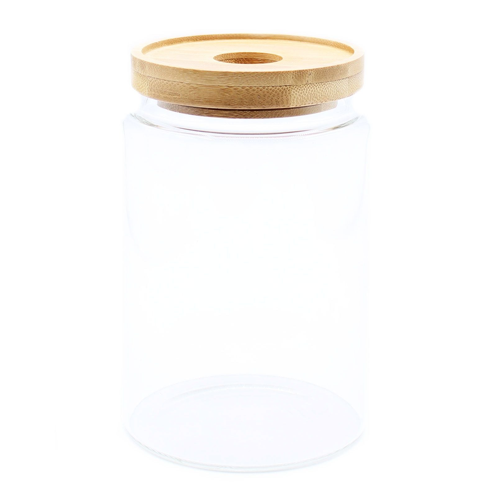 Clear glass storage jar with a sustainable bamboo lid and a 15cm tall cylindrical design.