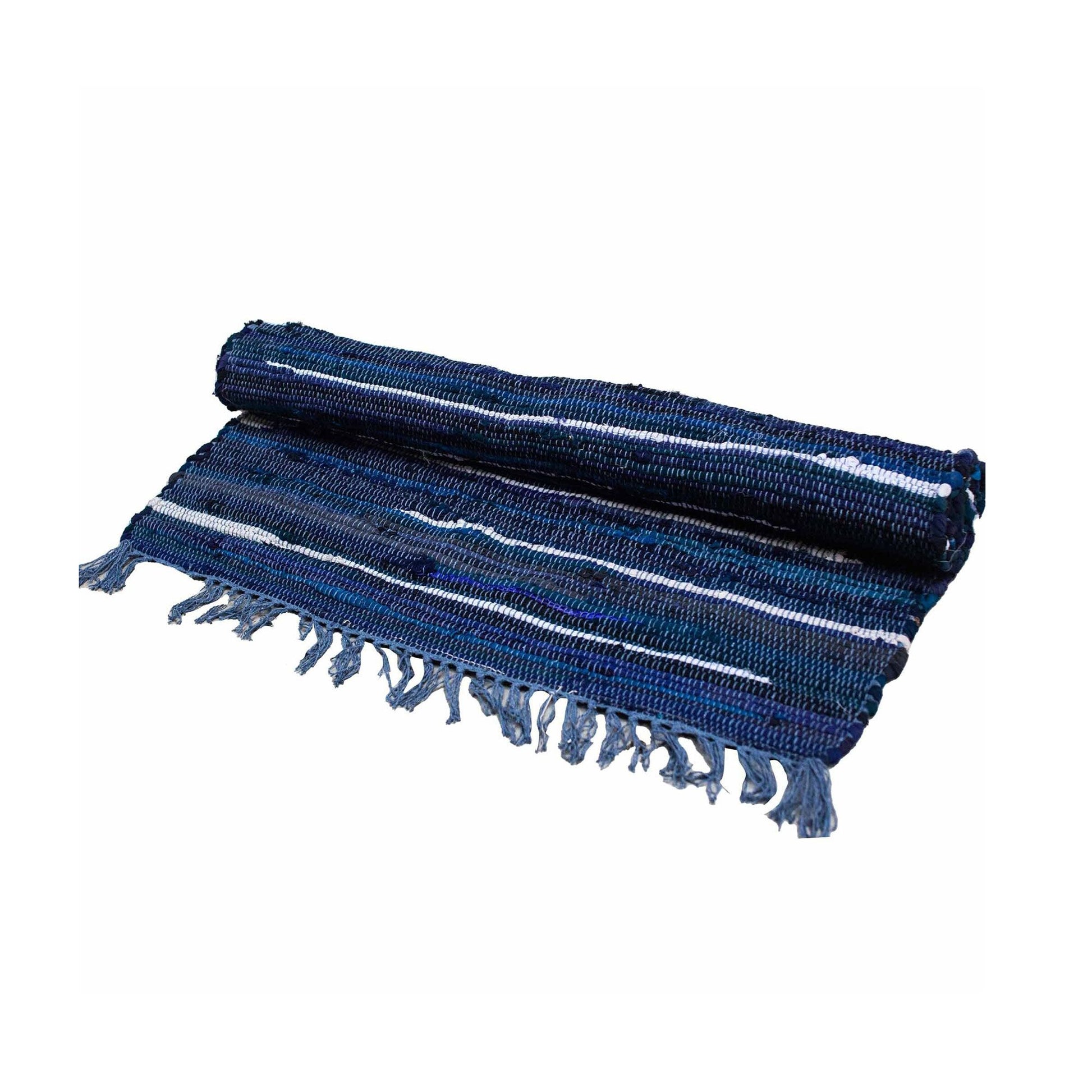 Handwoven small rag rug in various shades of charcoal and dark grey, featuring a textured weave and rectangular shape.