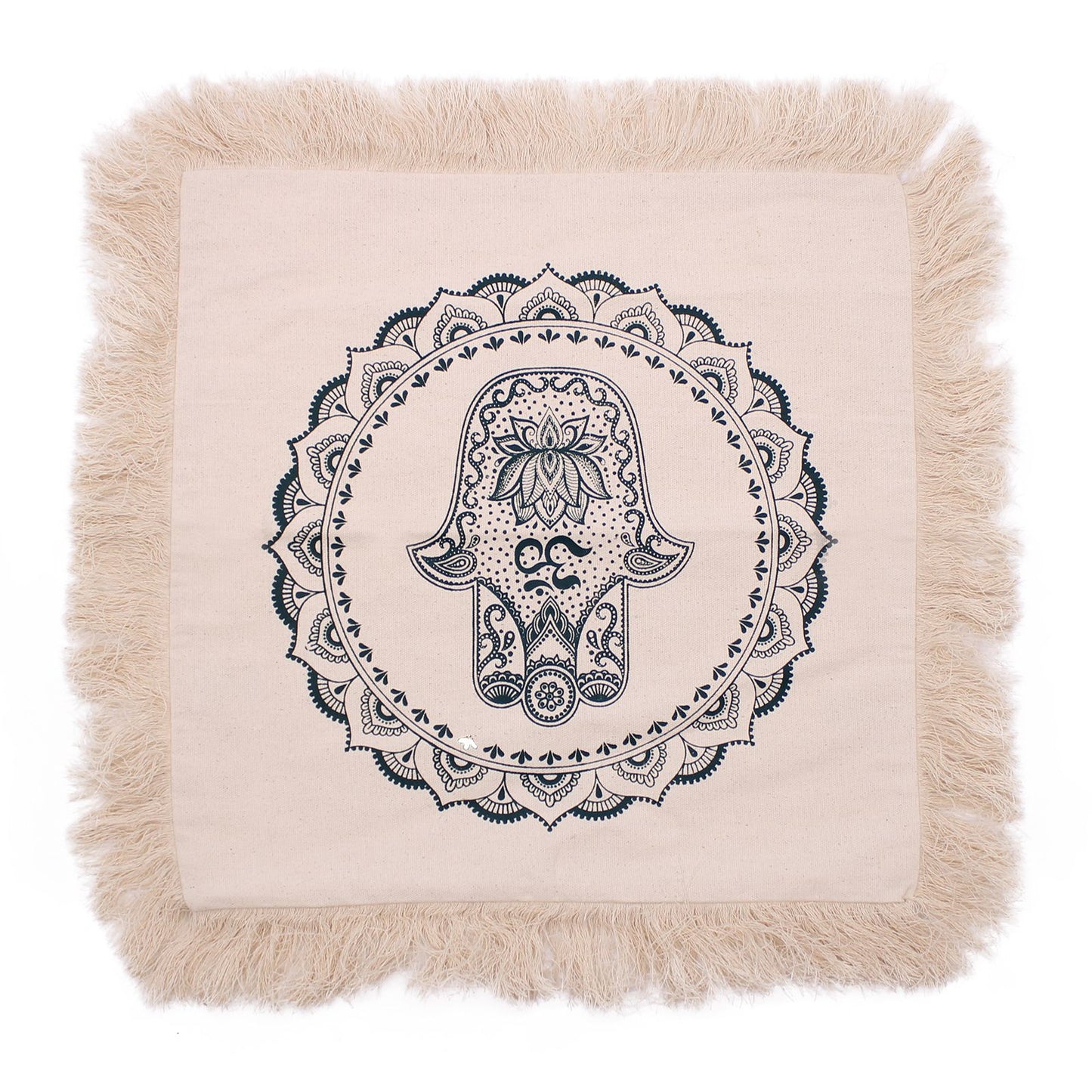 Square green cushion featuring an intricate white Hamsa hand and mandala pattern design.