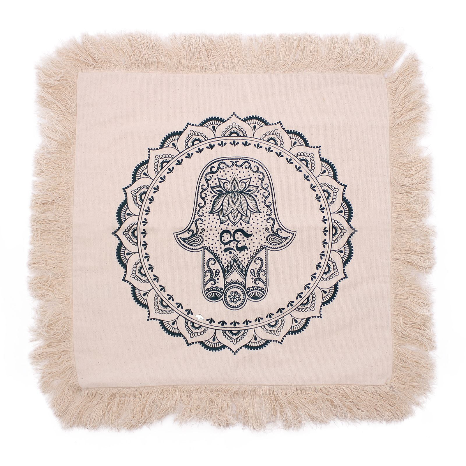 Square green cushion featuring an intricate white Hamsa hand and mandala pattern design.