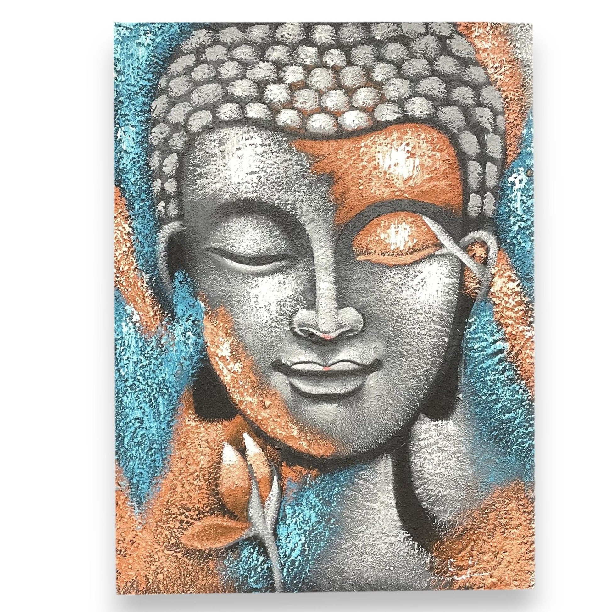 Serene Buddha painting featuring a calm expression with silver and rose gold tones and a delicate flower detail.