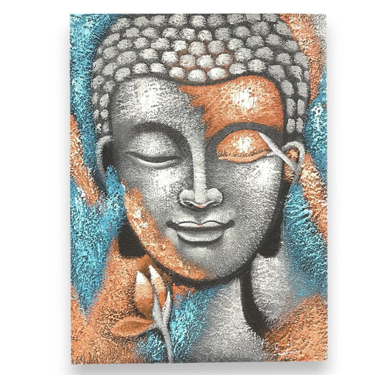 Serene Buddha painting featuring a calm expression with silver and rose gold tones and a delicate flower detail.