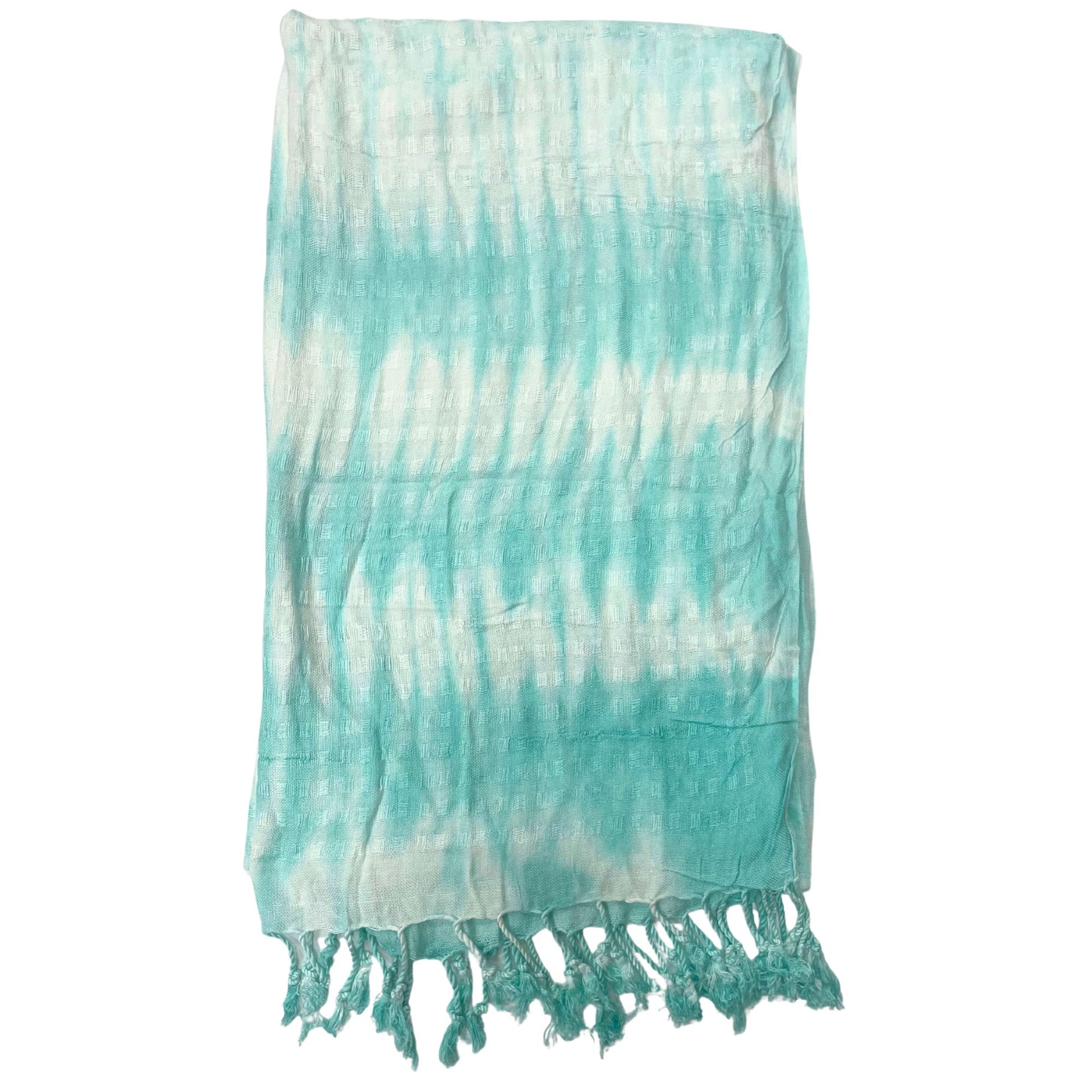 Teal and white striped artisan stole scarf with traditional motif patterns and frayed edges.