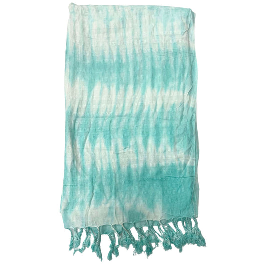 Teal and white striped artisan stole scarf with traditional motif patterns and frayed edges.