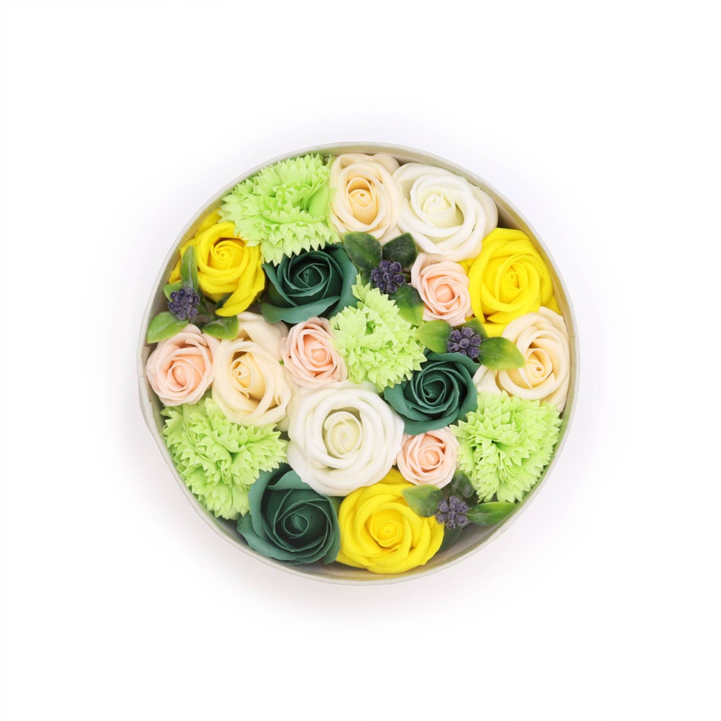 Round gift box containing a vibrant arrangement of yellow and green soap flowers shaped like blooming roses.
