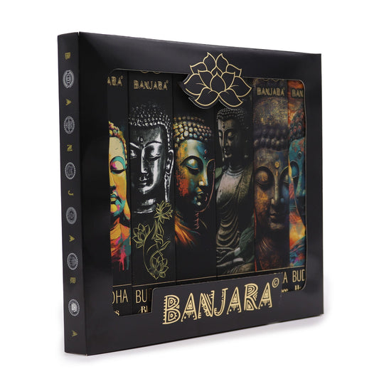 Handmade Indian incense gift set in a decorative box featuring six unique spiritual fragrances for meditation.
