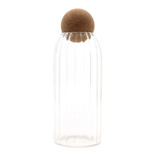 Elegant 20cm ribbed glass jar with a spherical cork ball lid sitting on top.