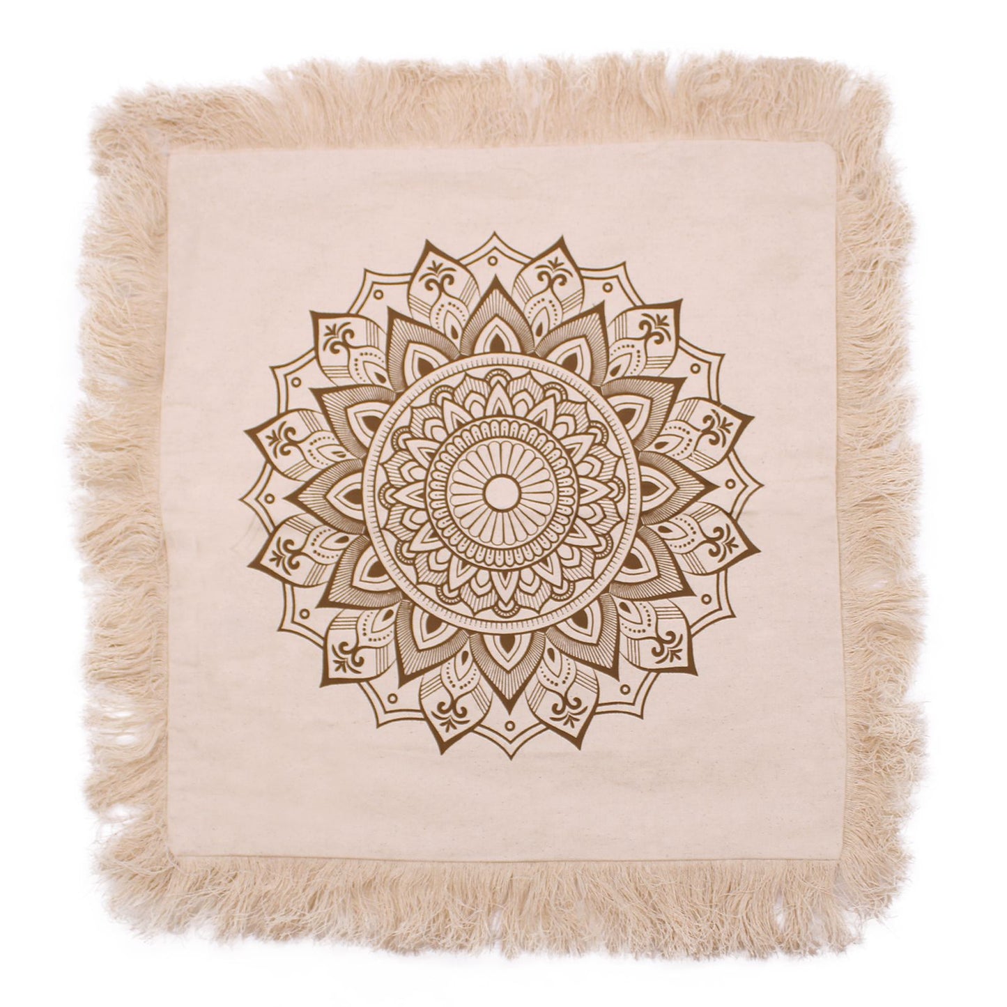 Square bronze cushion cover featuring an intricate white lotus mandala design on a metallic background.