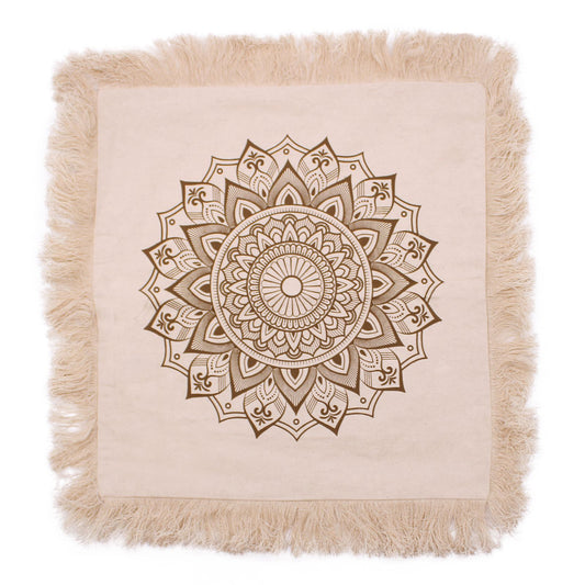 Square bronze cushion cover featuring an intricate white lotus mandala design on a metallic background.