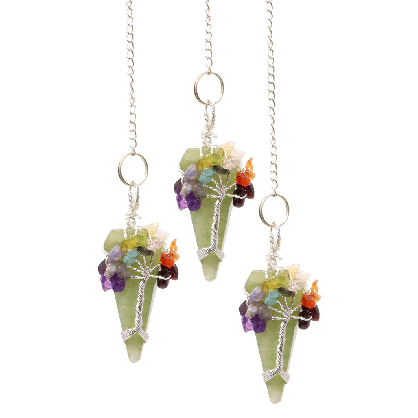 Aventurine gemstone magic pendulum with a silver-toned chain featuring seven multi-coloured chakra beads.