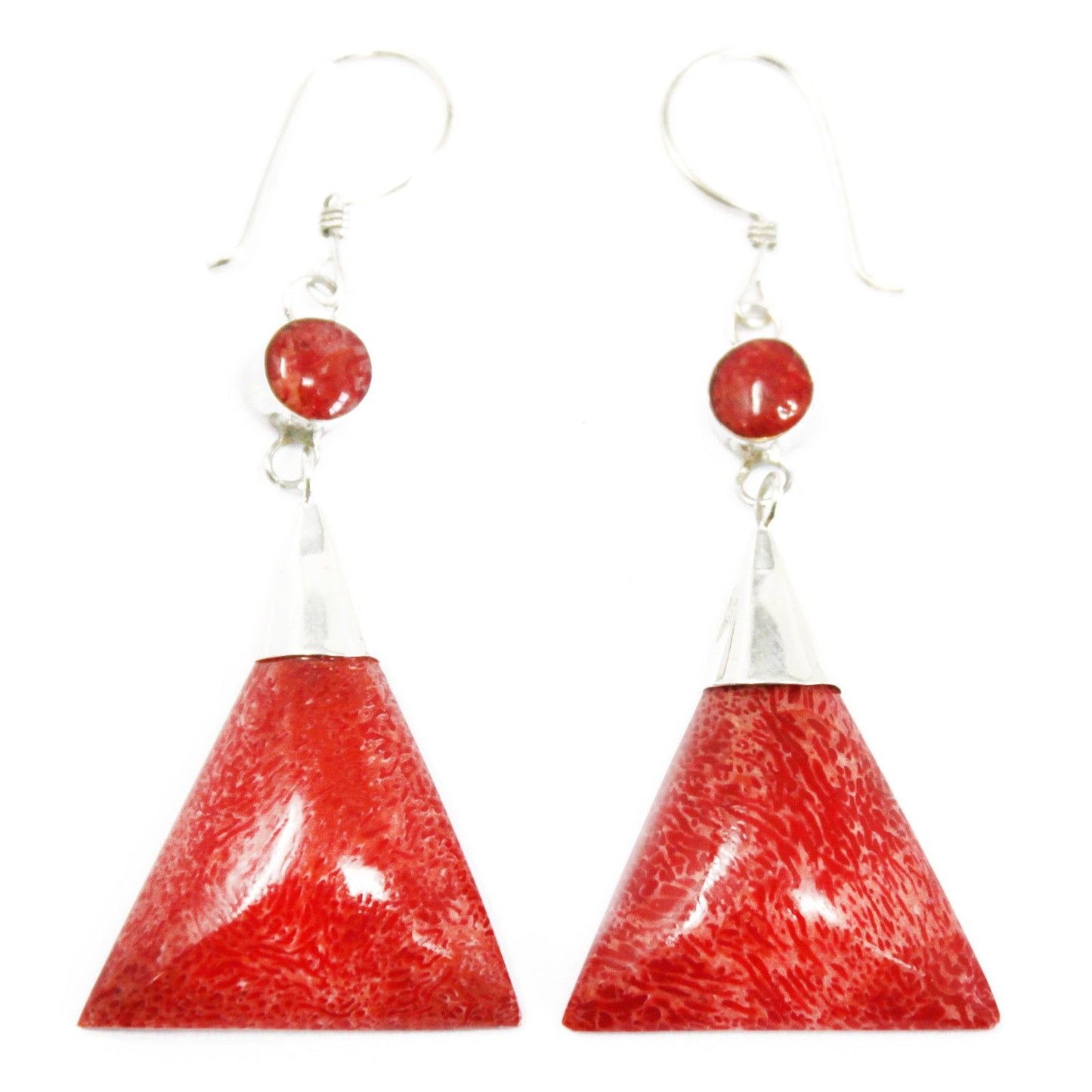 Handcrafted 925 silver double drop earrings featuring a unique triangle design with polished red coral imitation resin.