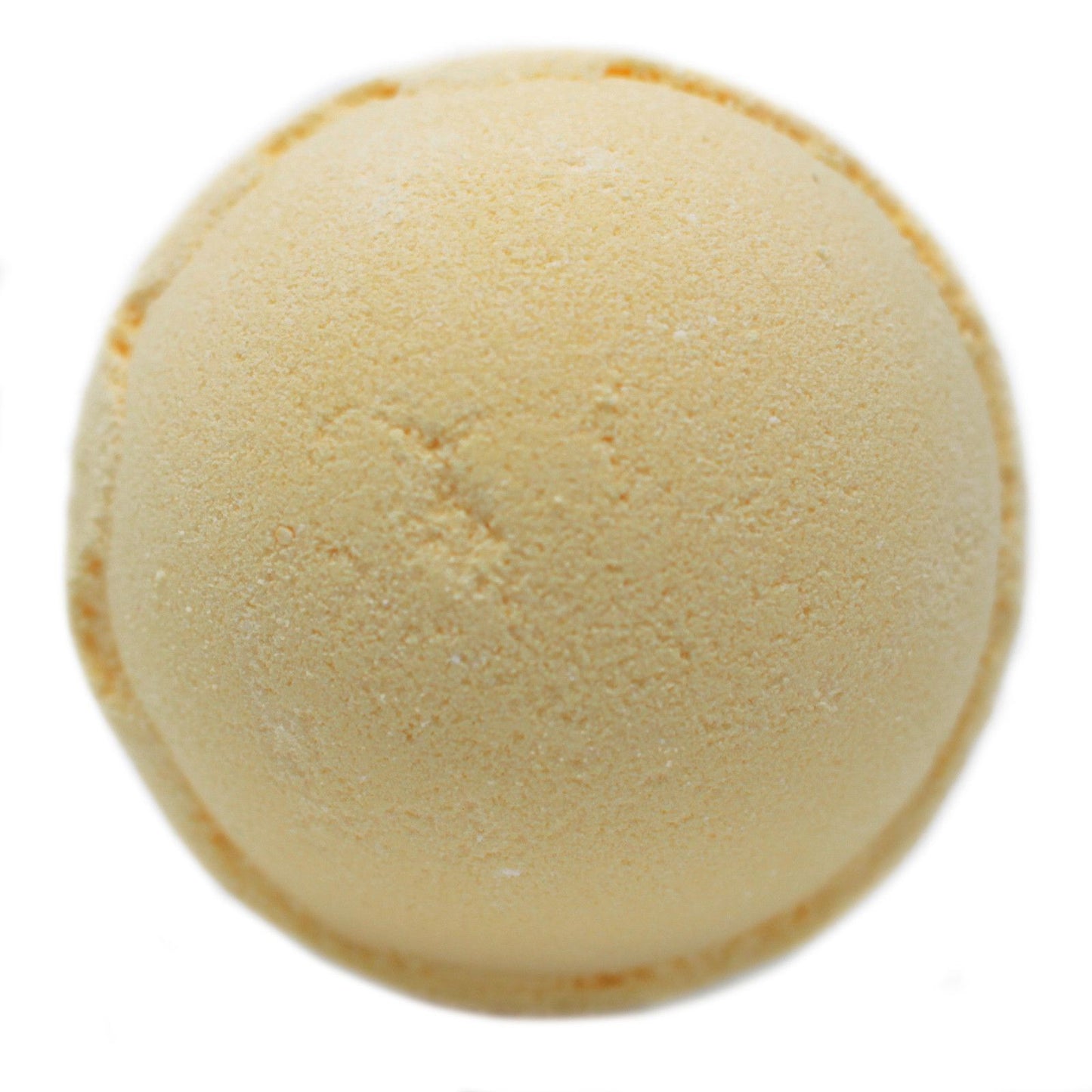 Large round yellow and white bath bomb with a textured surface, resembling a lemon meringue dessert.