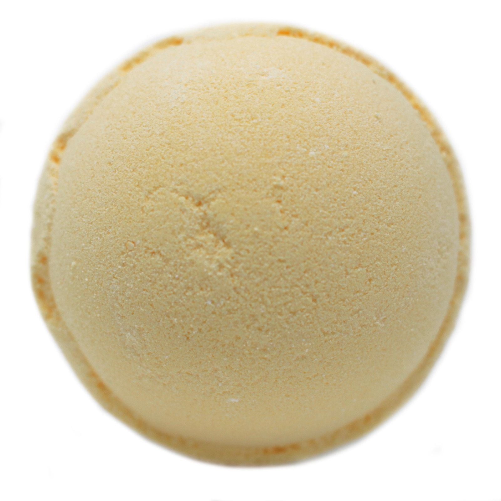 Large round yellow and white bath bomb with a textured surface, resembling a lemon meringue dessert.