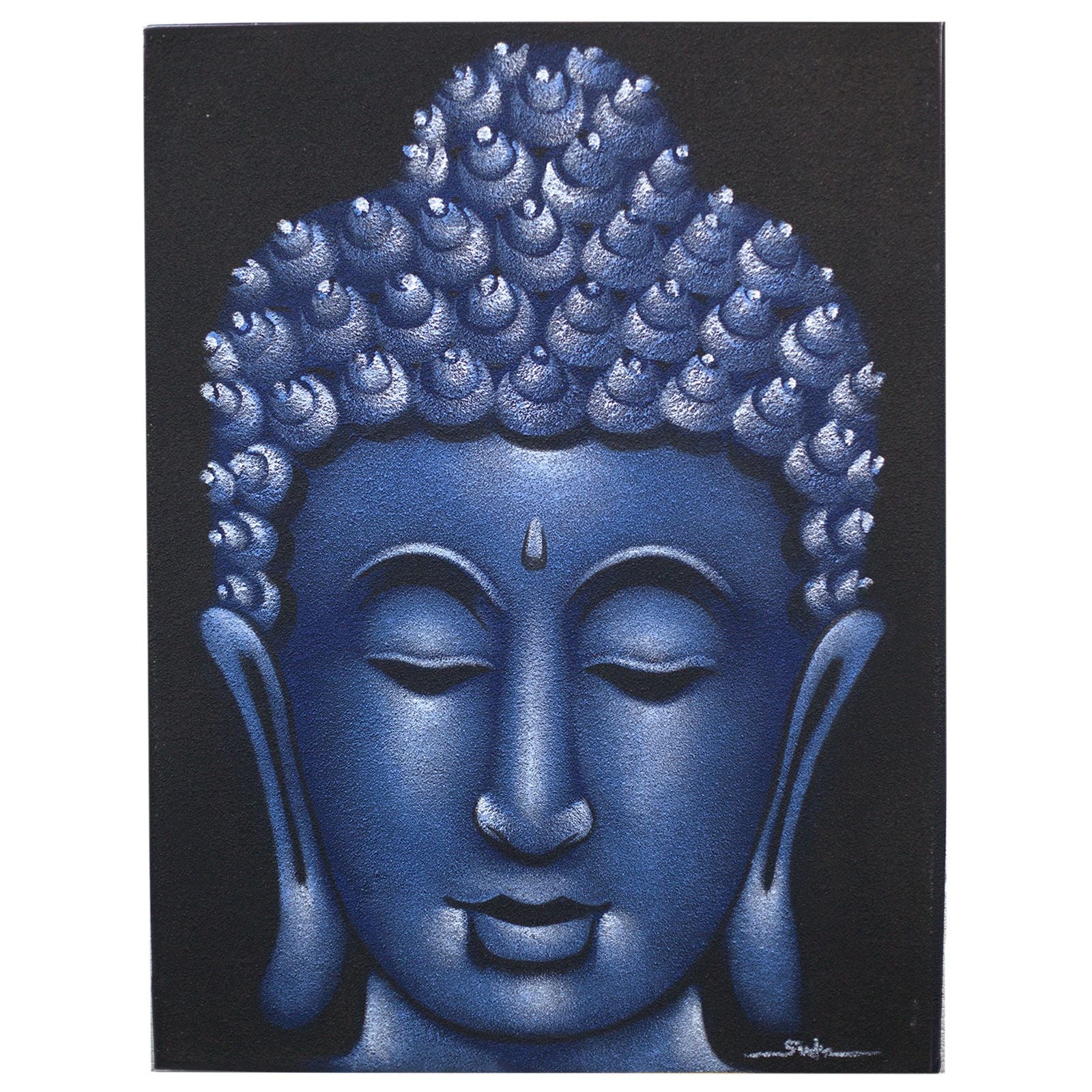 Detailed Buddha painting with a textured blue sand finish on a natural wooden frame.