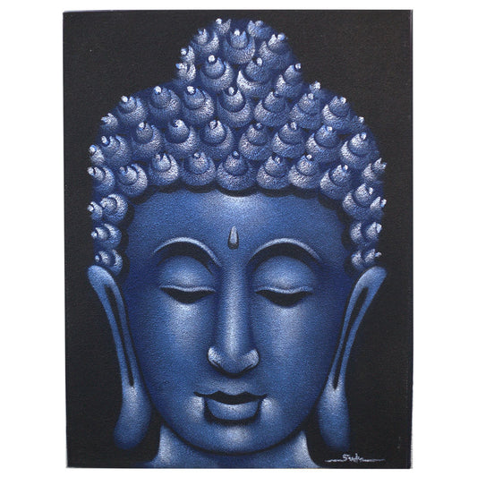 Detailed Buddha painting with a textured blue sand finish on a natural wooden frame.