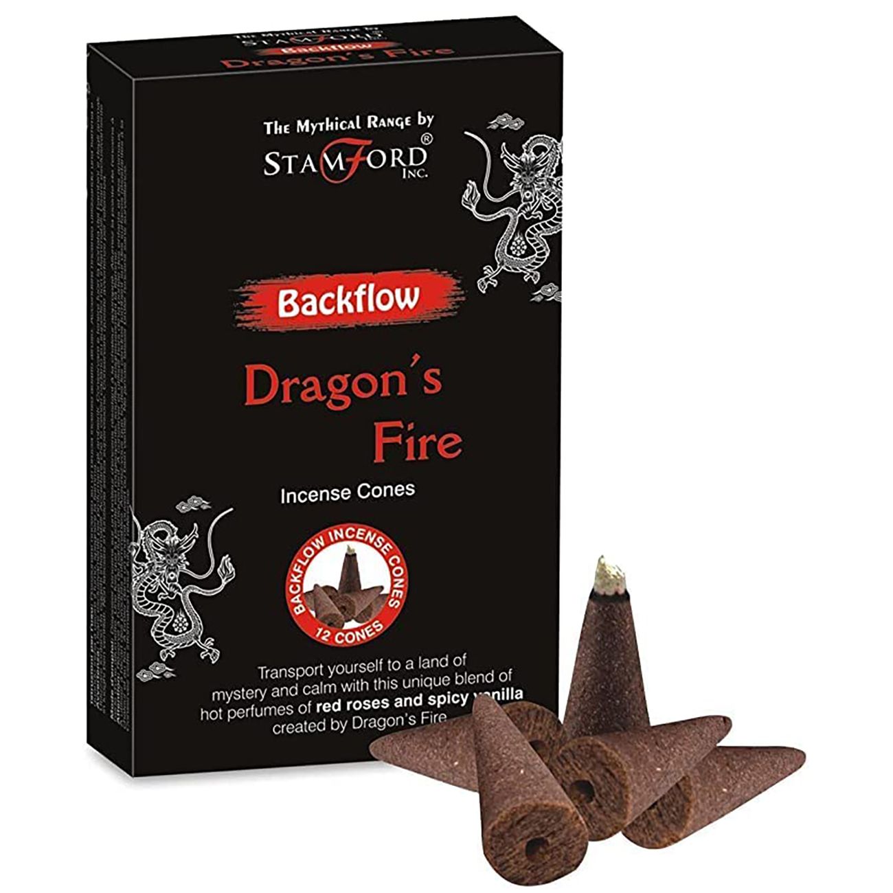 Backflow incense cones in a decorative mythical dragon themed box against a neutral background.
