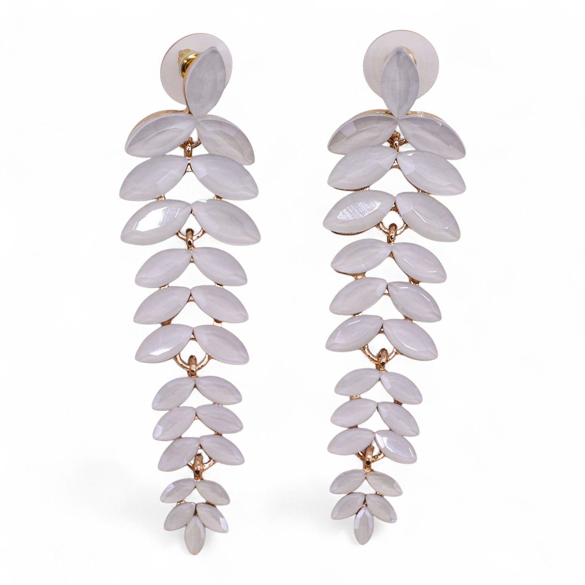 Elegant long drop earrings featuring luminous pearl-effect vintage glass beads and sleek stainless steel hardware.