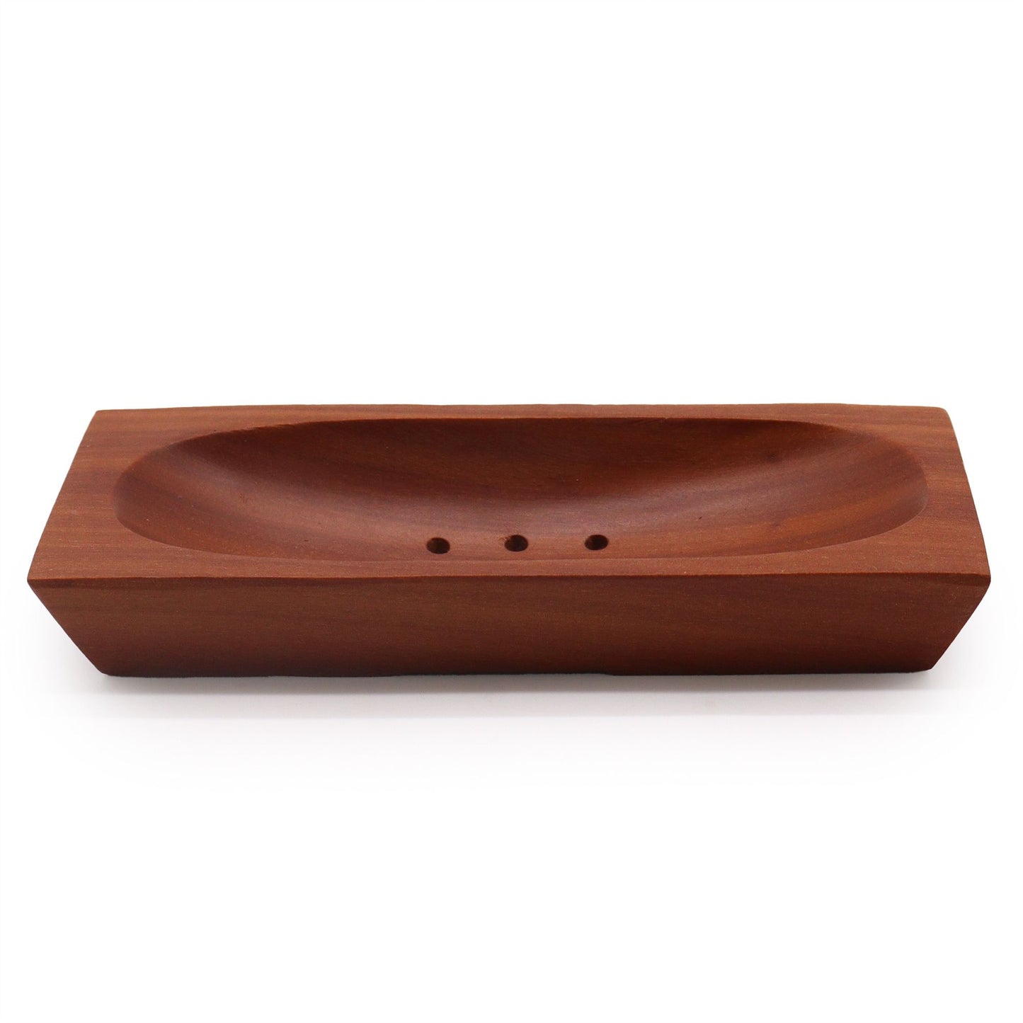 Rectangular dark wood mahogany soap dish with drainage slats for natural bar soaps.