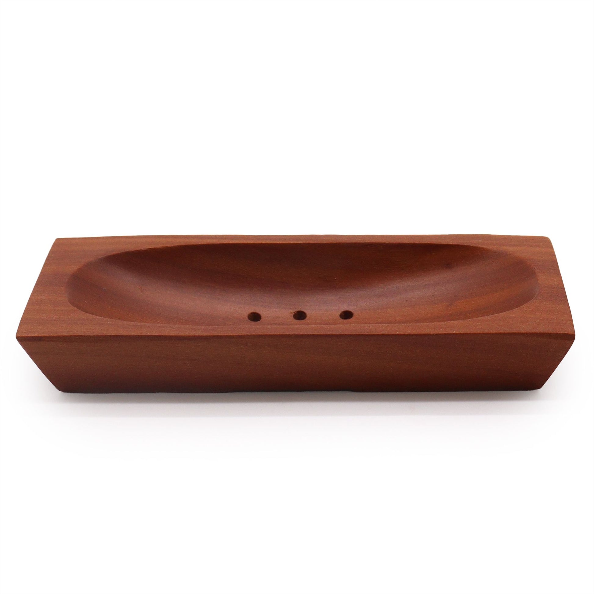 Rectangular dark wood mahogany soap dish with drainage slats for natural bar soaps.