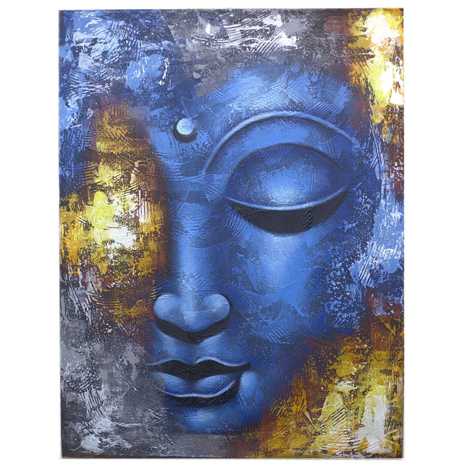 Abstract handmade Buddha face painting in calming blue tones on a canvas with a natural wooden frame.