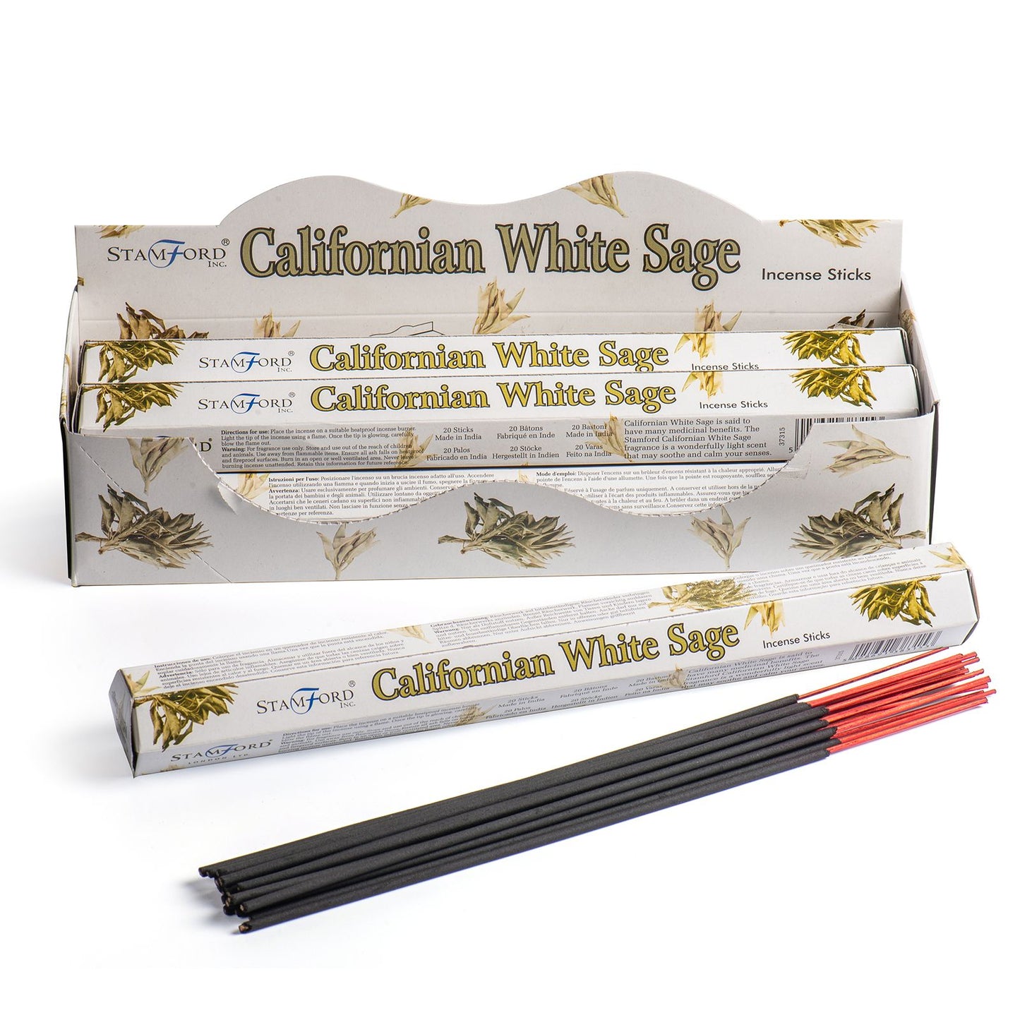 Six-sided box and individual incense sticks of Californian White Sage premium incense on a neutral background.