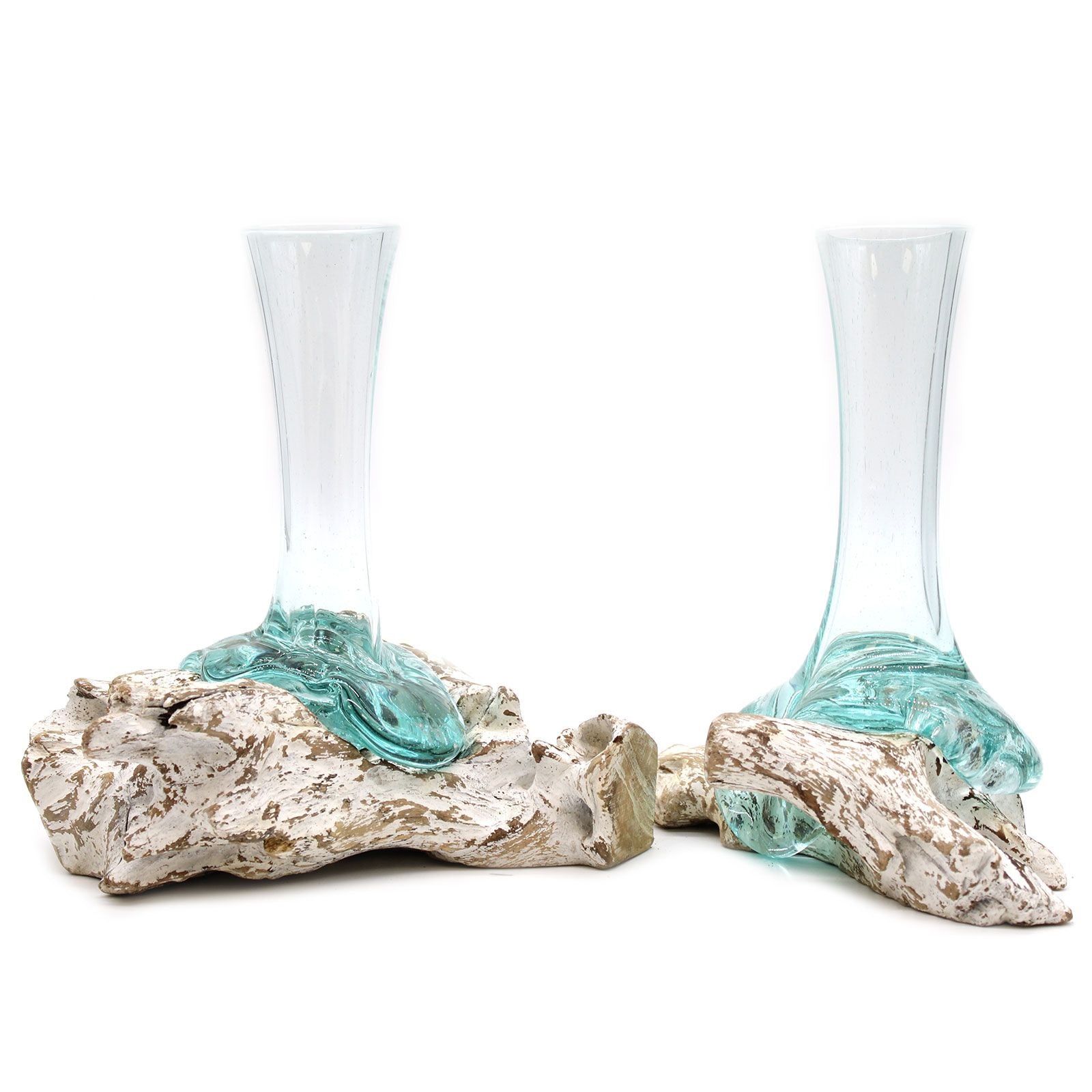Unique glass vase hand-blown to fit the natural contours of a textured whitewashed wooden base.