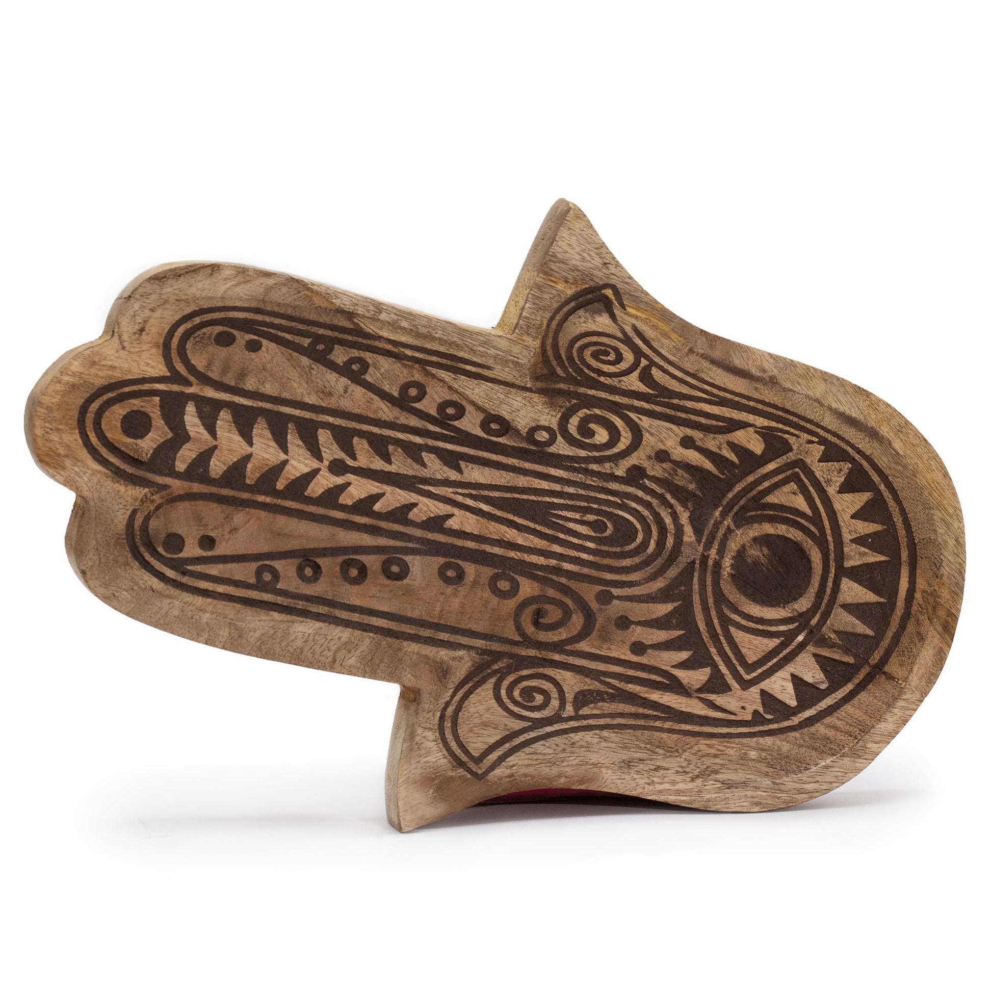 Long rectangular black wooden tray featuring an intricate white engraved Hamsa hand design in the centre.