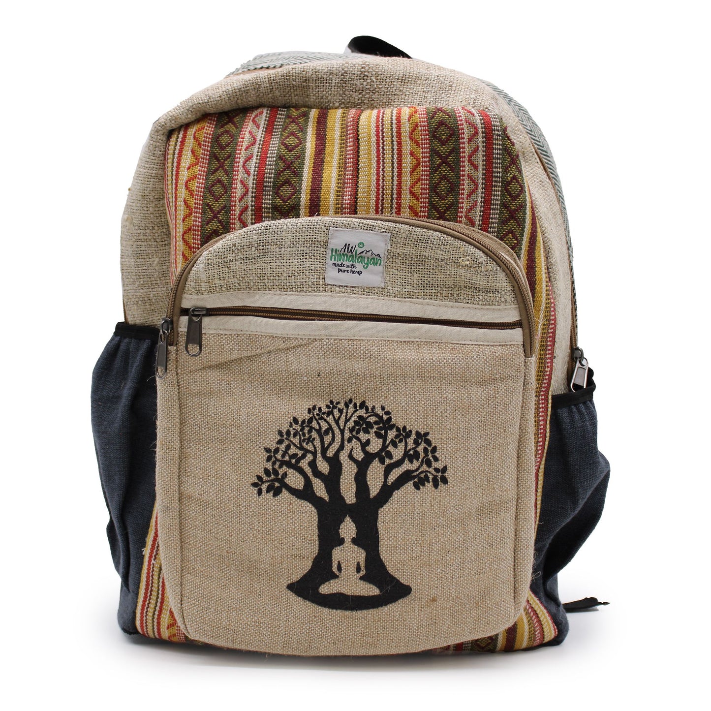Eco-friendly large hemp backpack with an intricate Bodhi Tree embroidery on the front pocket.