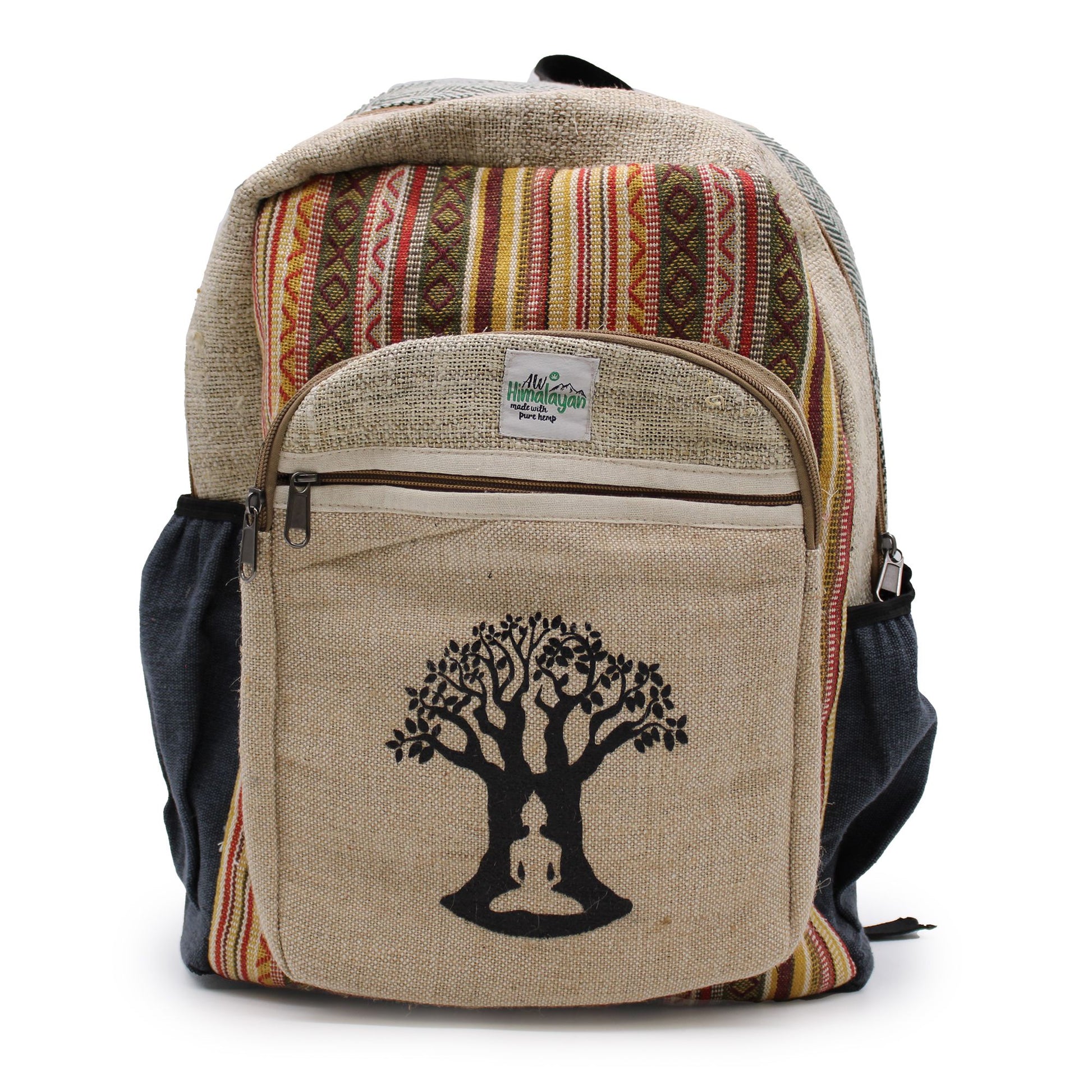 Eco-friendly large hemp backpack with an intricate Bodhi Tree embroidery on the front pocket.