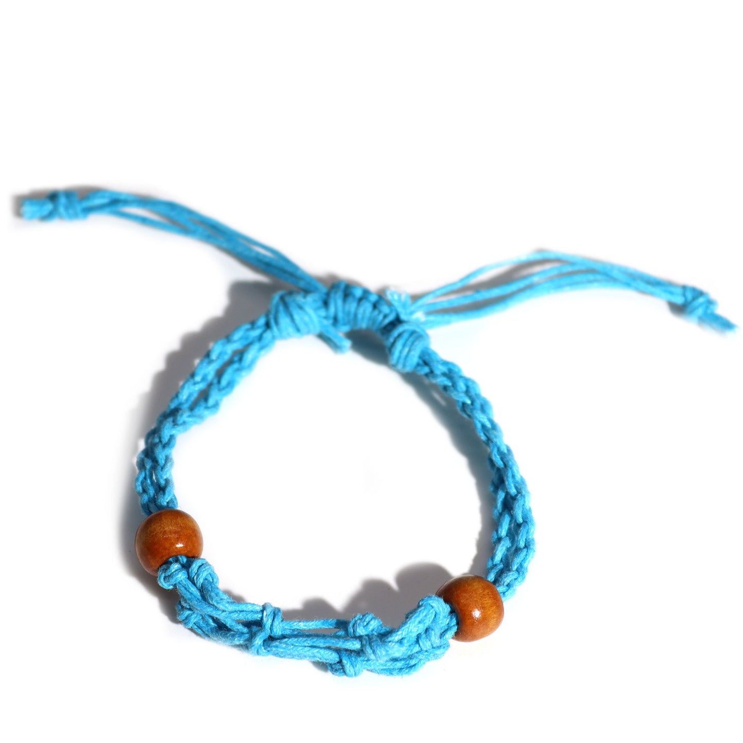 Adjustable blue woven cord bracelet with a delicate net-like design and two small wooden beads.