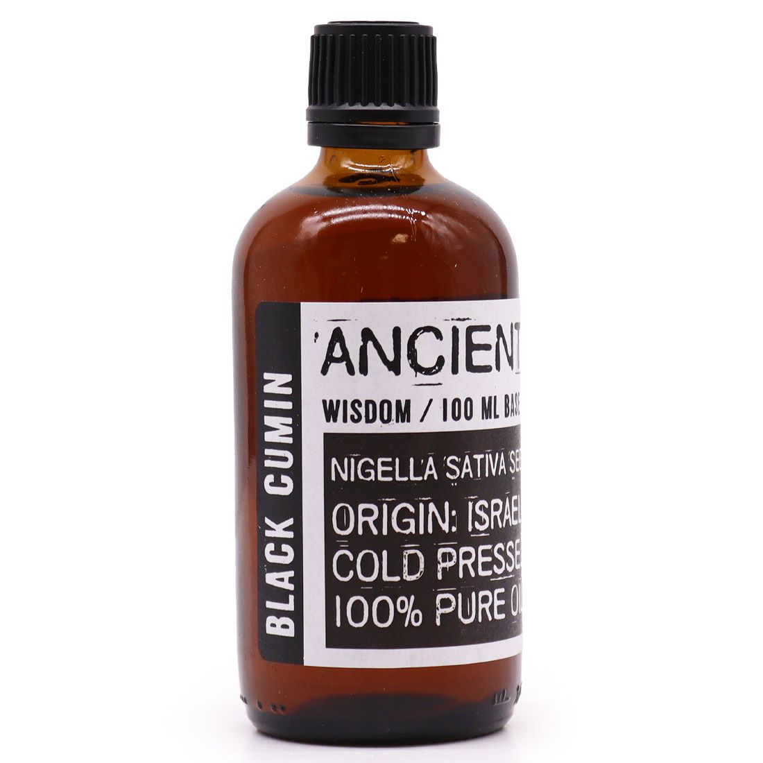 Clear bottle of dark amber-coloured black cumin seed oil on a neutral background.