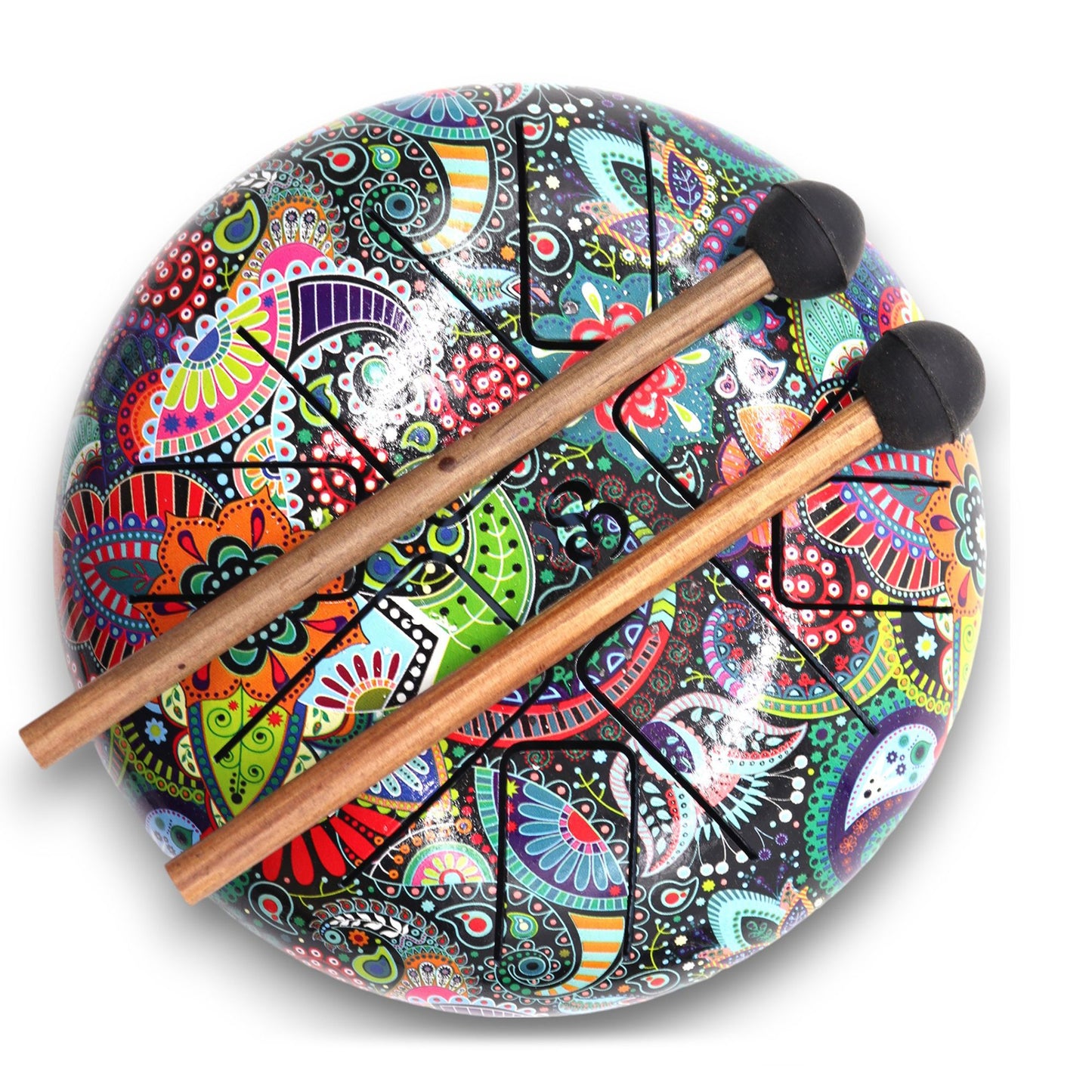 Vibrant multi-coloured 18cm steel tongue drum featuring a central OM symbol design and precision-cut musical tongues.