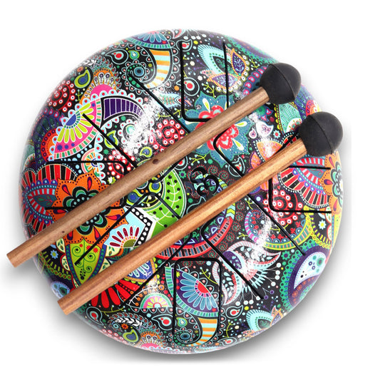Vibrant multi-coloured 18cm steel tongue drum featuring a central OM symbol design and precision-cut musical tongues.