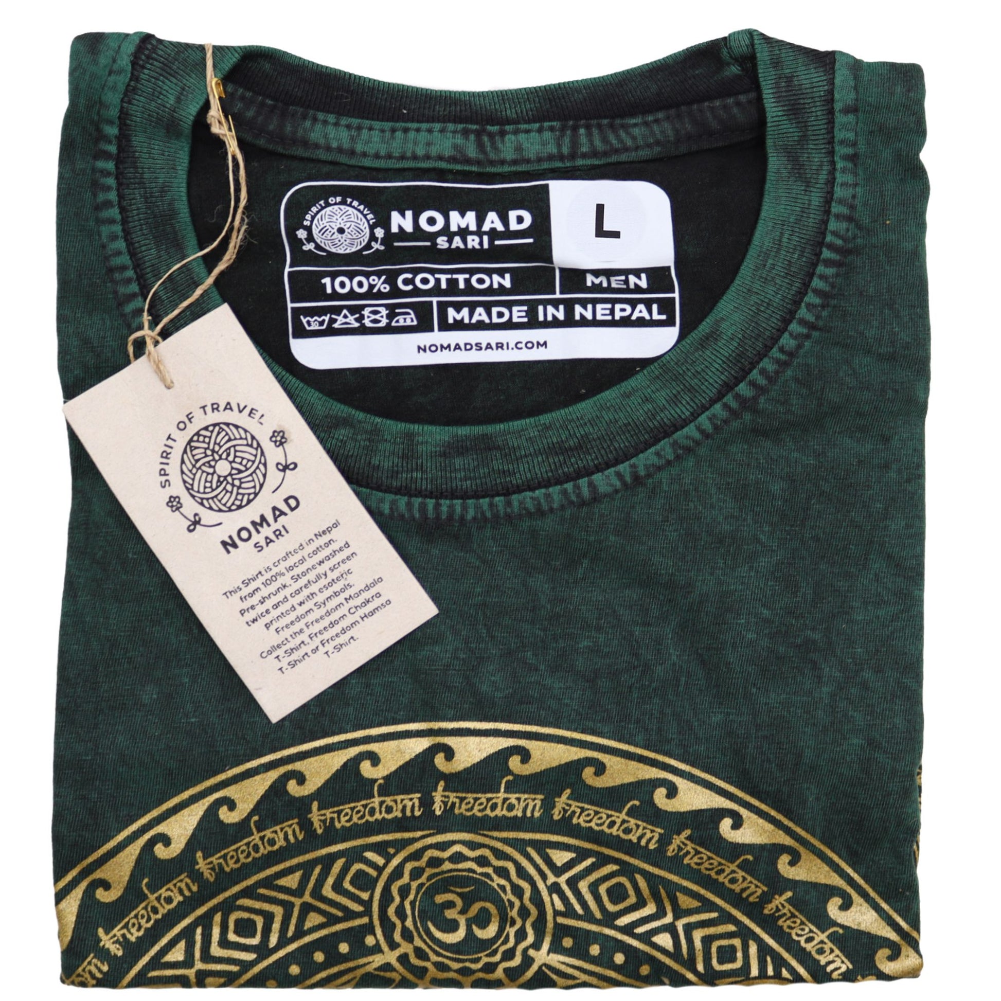 Large green stone washed t-shirt featuring a central chakra design in a relaxed nomad sari style.